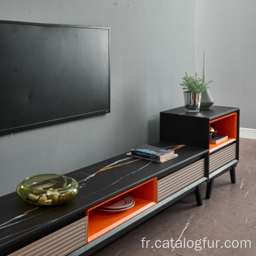 Ensemble de salon avec armoires en bois, meuble TV design avec table basse et table d&#39;appoint